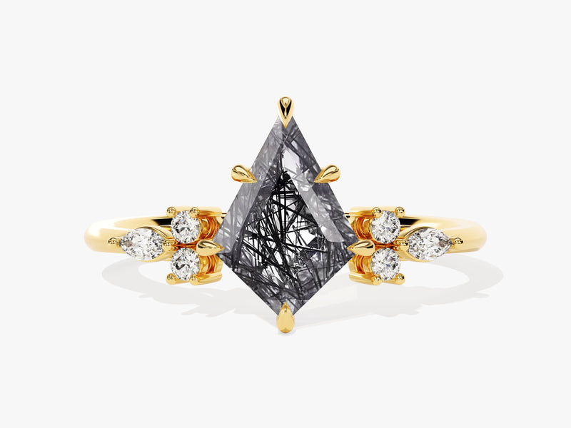 Kite Black Rutilated Quartz Engagement Ring with Marquise Moissanite Sidestones