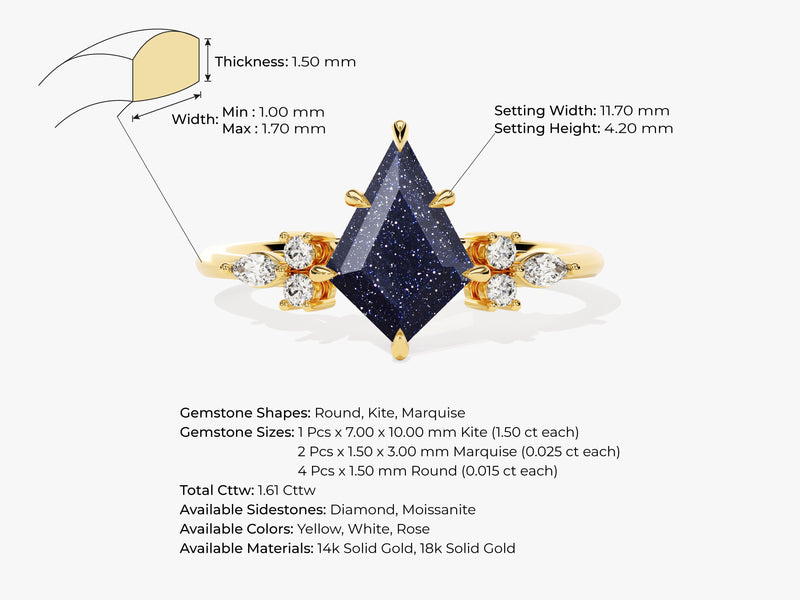 Kite Blue Sandstone Engagement Ring with Marquise Moissanite Sidestones.