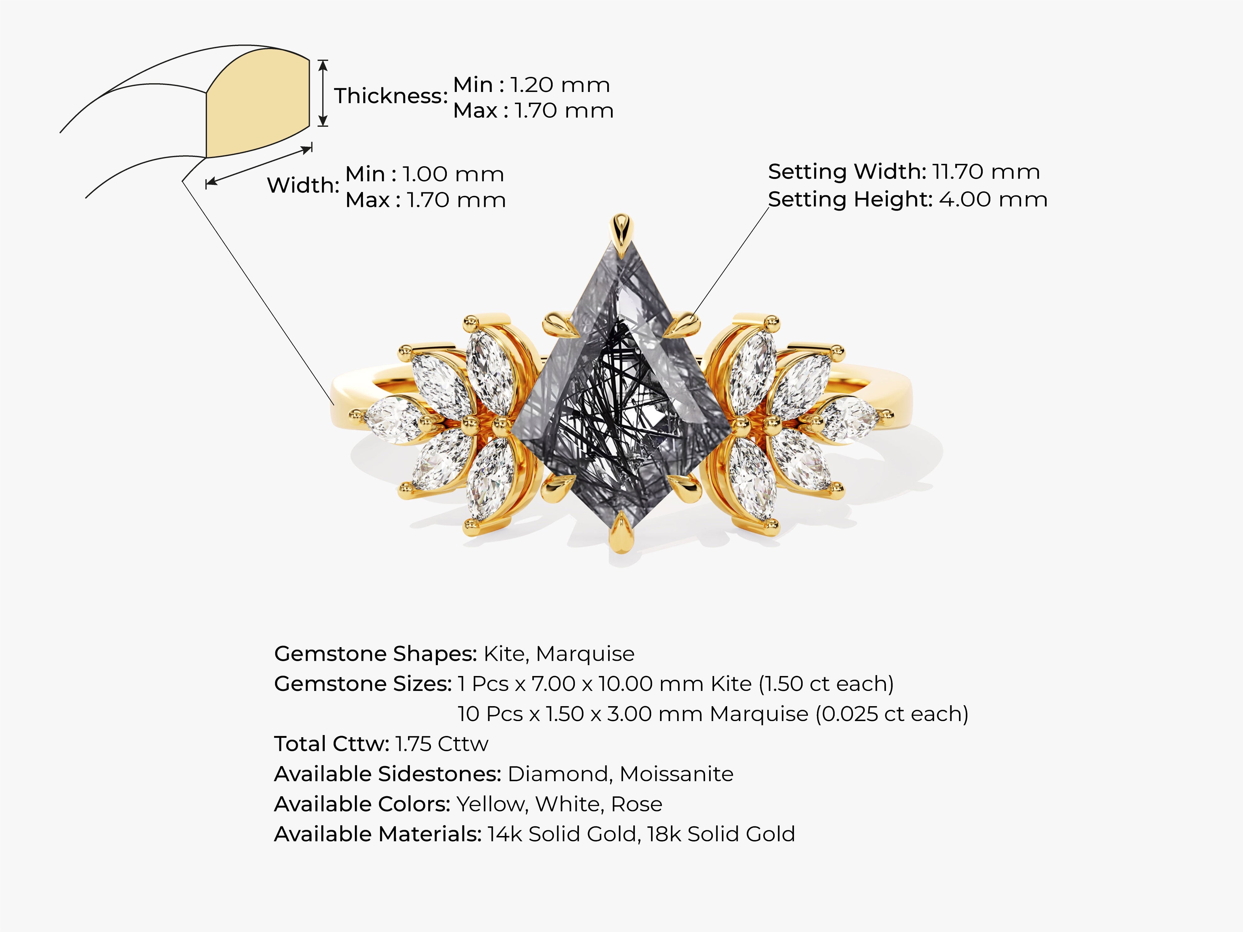 Kite Black Rutilated Quartz Vintage Engagement Ring with Moissanite Sidestones