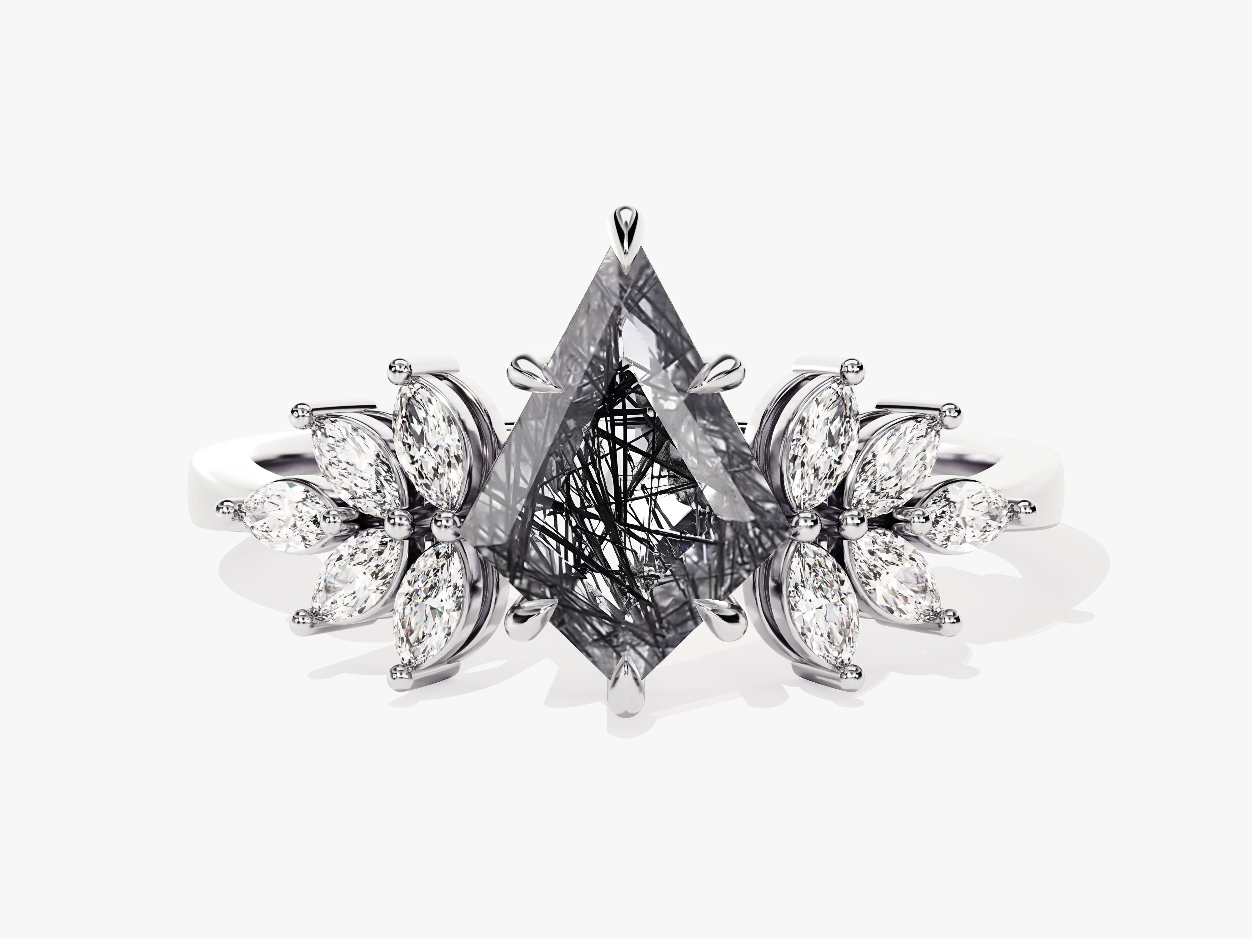 Kite Black Rutilated Quartz Vintage Engagement Ring with Moissanite Sidestones