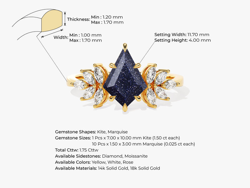 Kite Blue Sandstone Vintage Engagement Ring with Moissanite Sidestones.