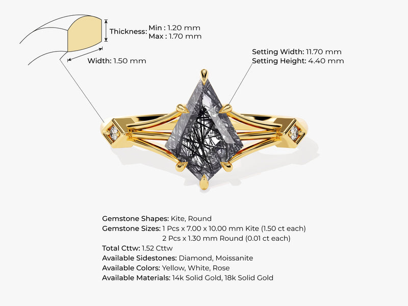 Kite Black Rutilated Quartz Split Shank Engagement Ring with Moissanite Accents