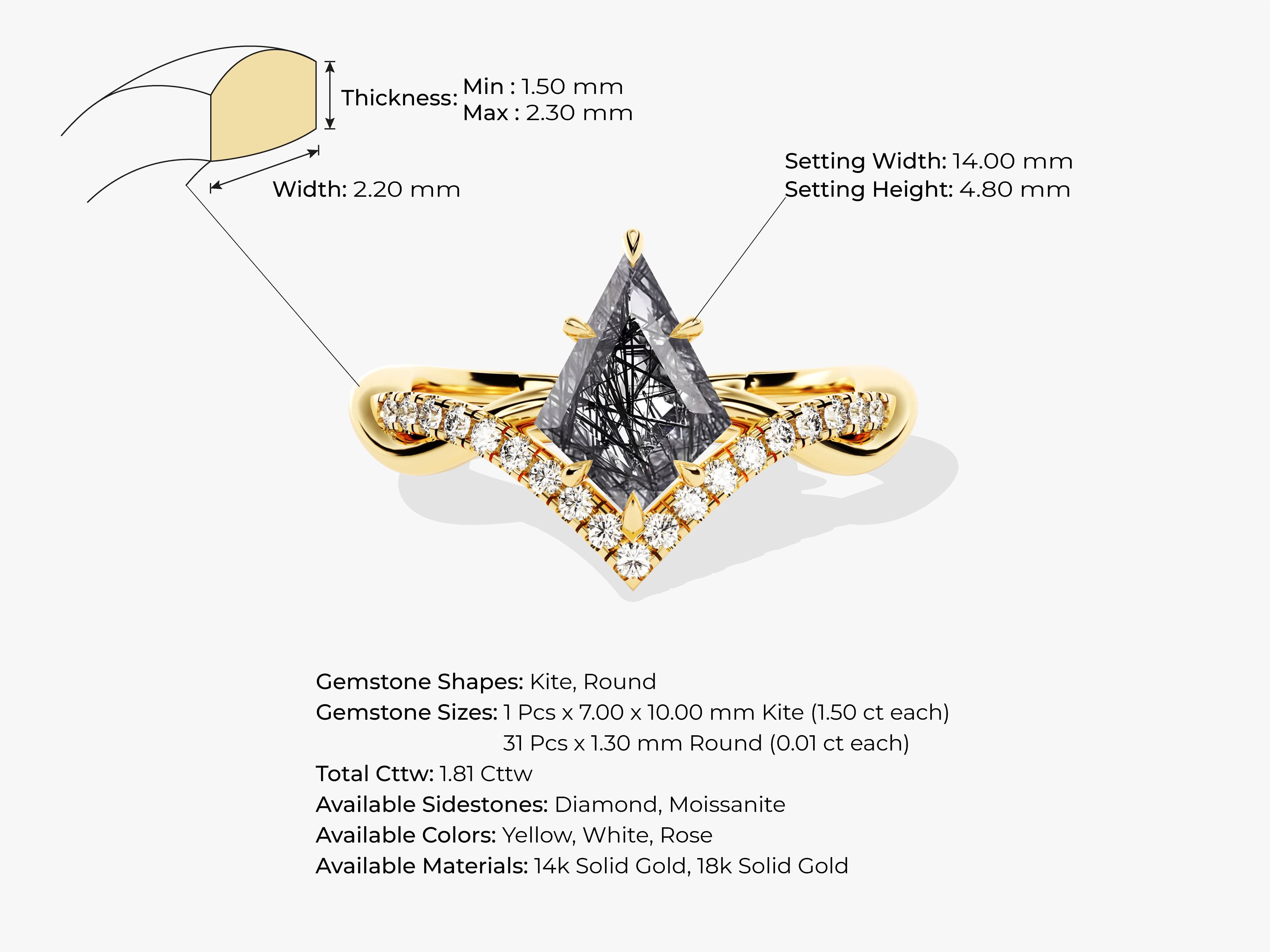 Kite Black Rutilated Quartz Curved Engagement Ring with Moissanite Sidestones