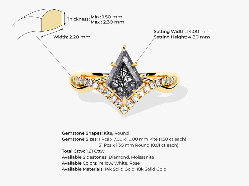Kite Black Rutilated Quartz Curved Engagement Ring with Moissanite Sidestones