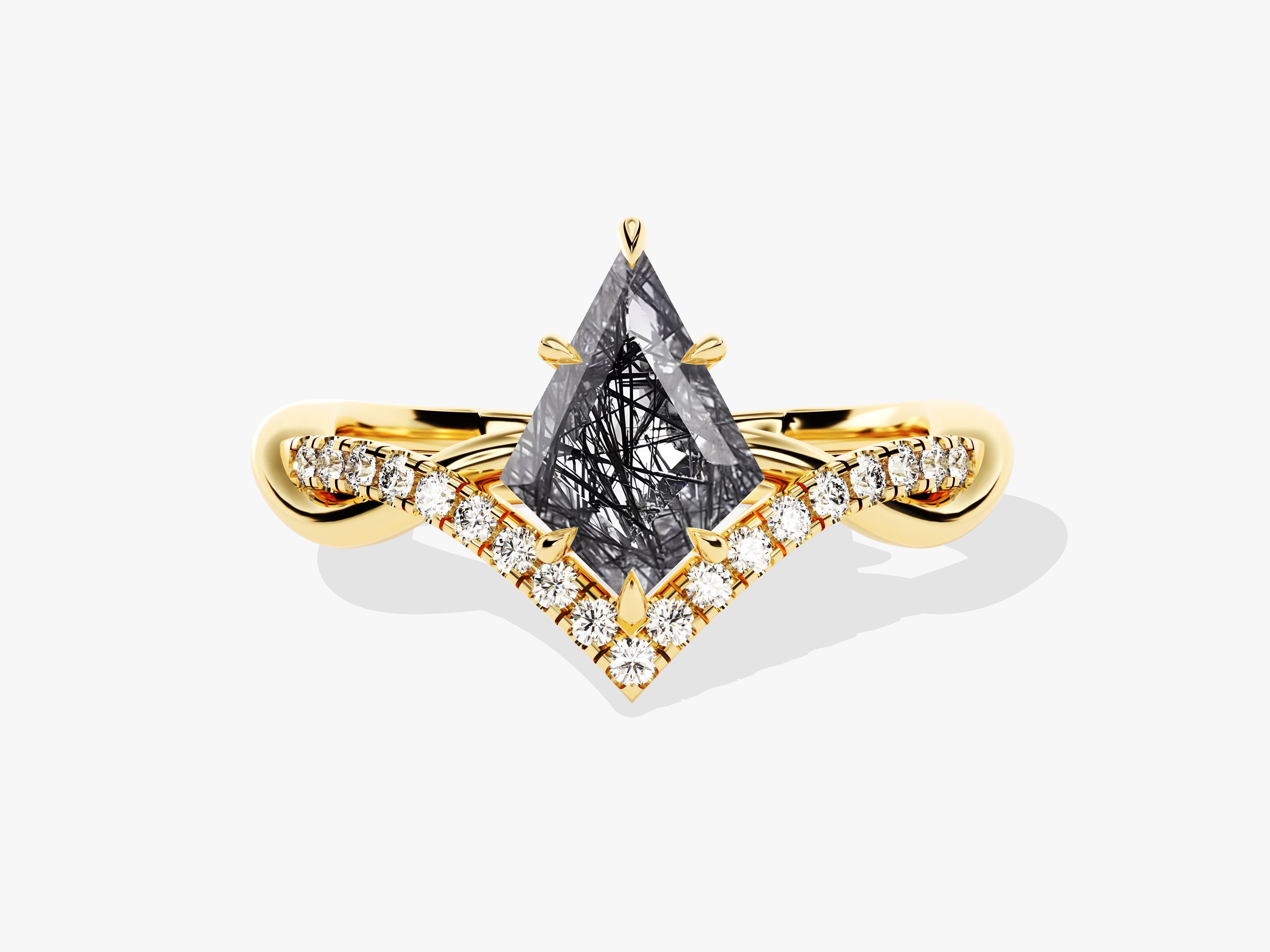 Kite Black Rutilated Quartz Curved Engagement Ring with Moissanite Sidestones