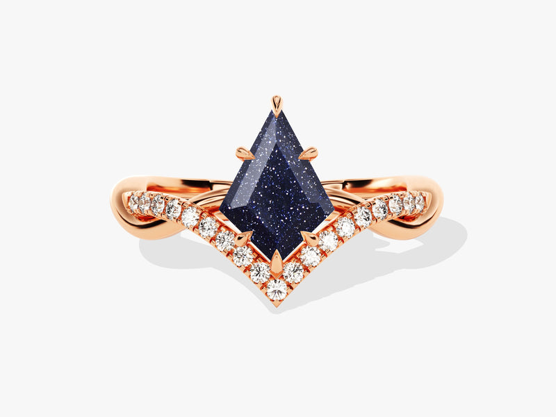 Kite Blue Sandstone Curved Engagement Ring with Moissanite Sidestones.