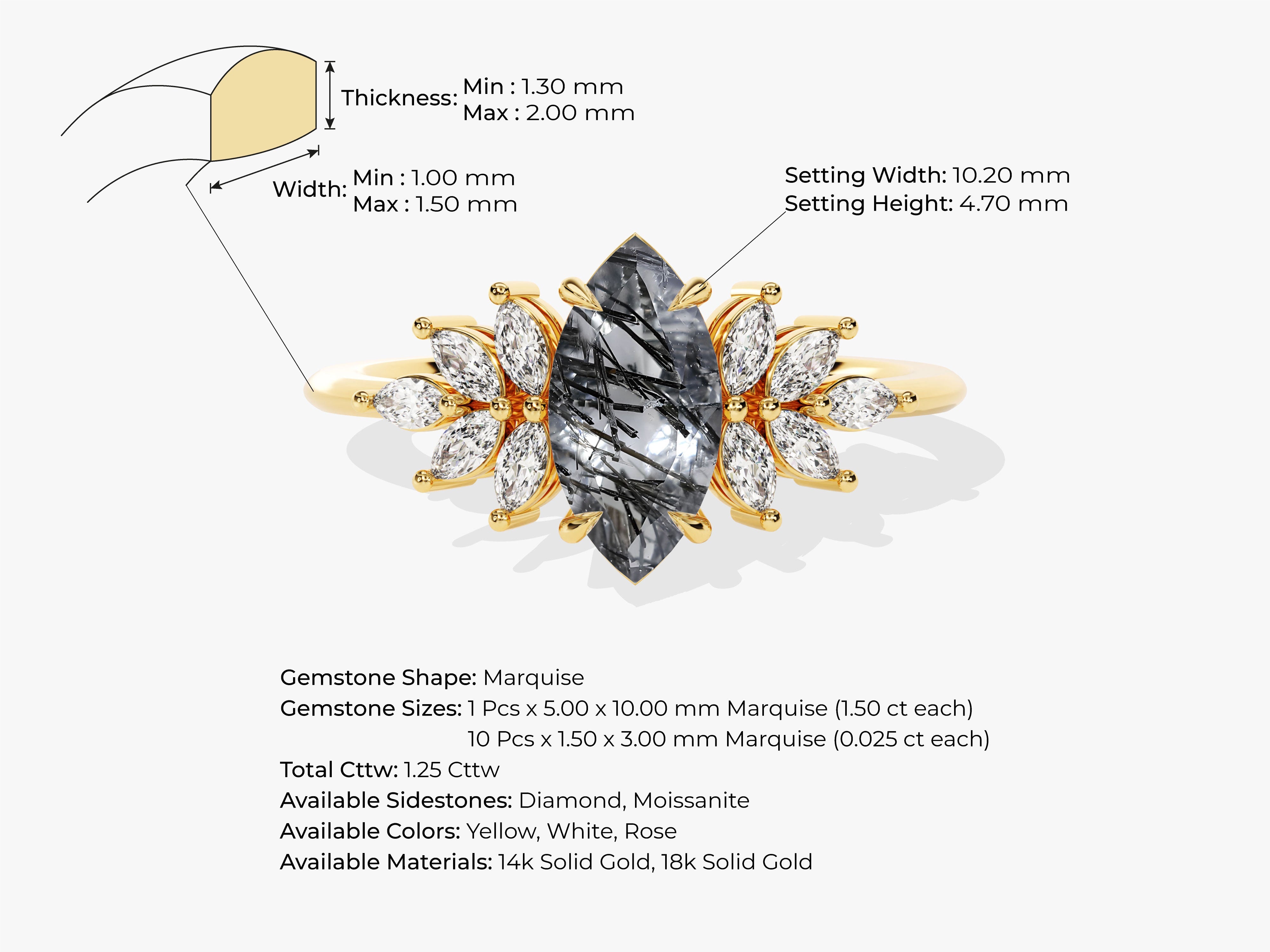 Marquise Black Rutilated Quartz Vintage Engagement Ring with Moissanite Sidestones.