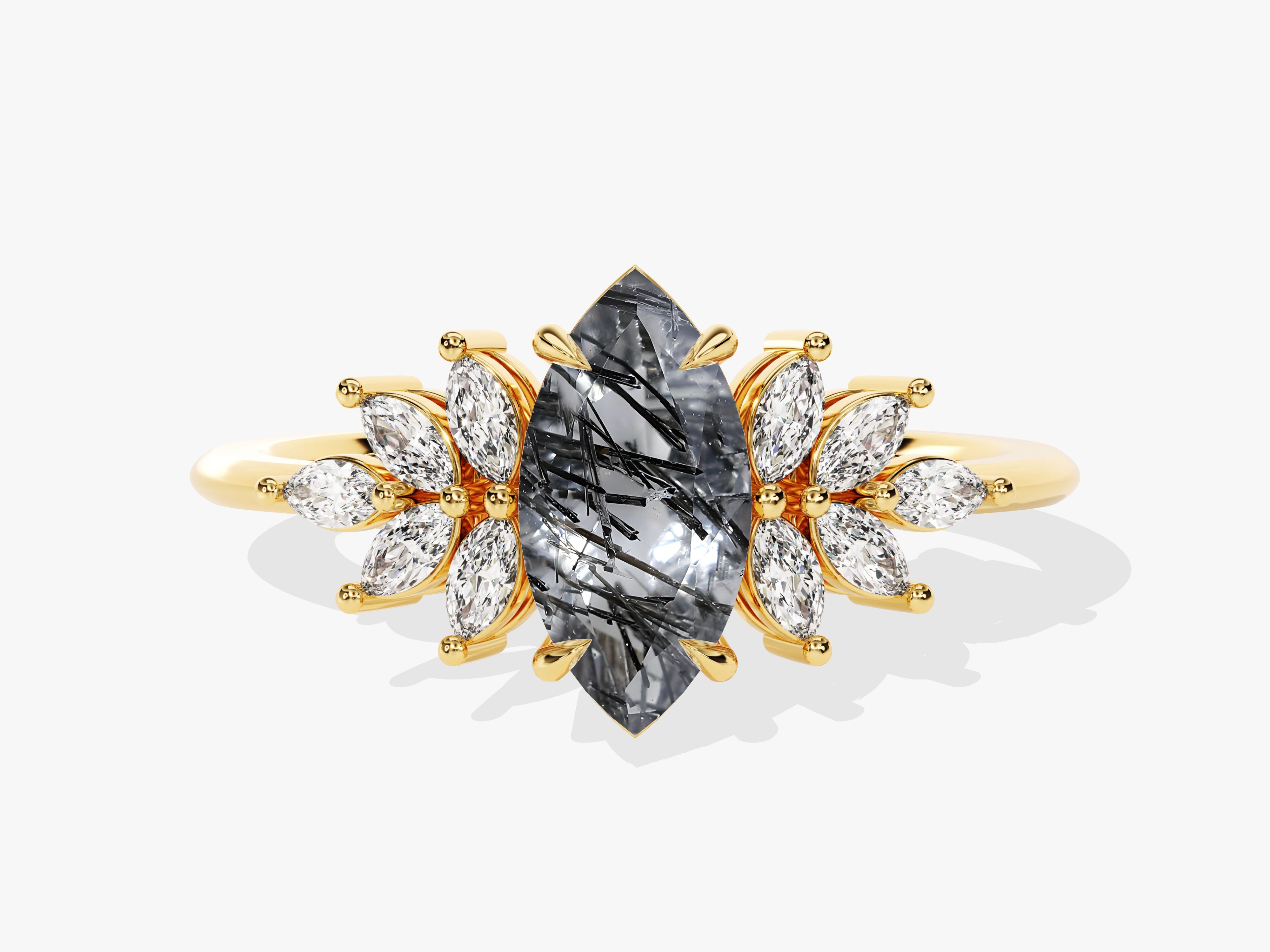 Marquise Black Rutilated Quartz Vintage Engagement Ring with Moissanite Sidestones.