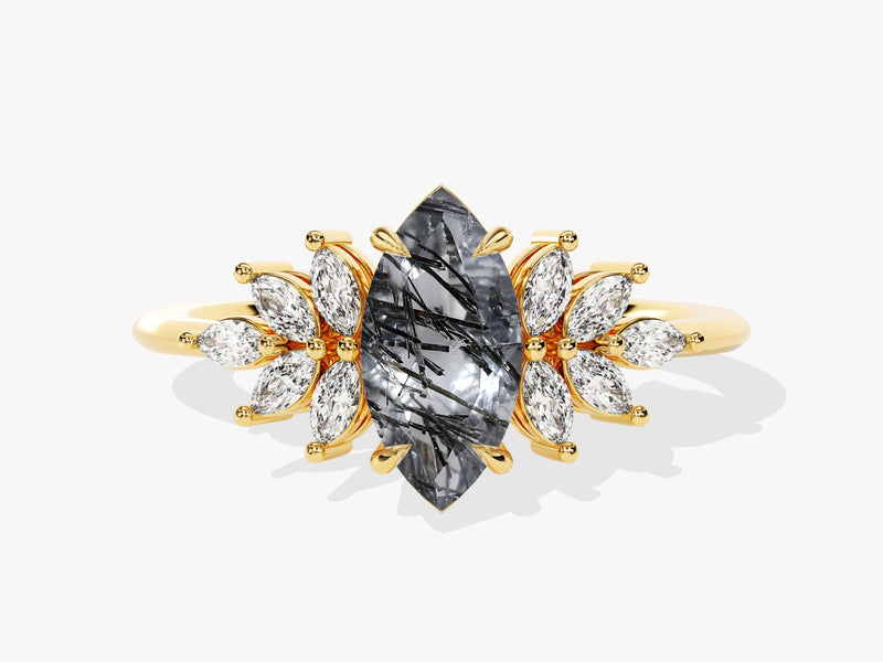 Marquise Black Rutilated Quartz Vintage Engagement Ring with Moissanite Sidestones.