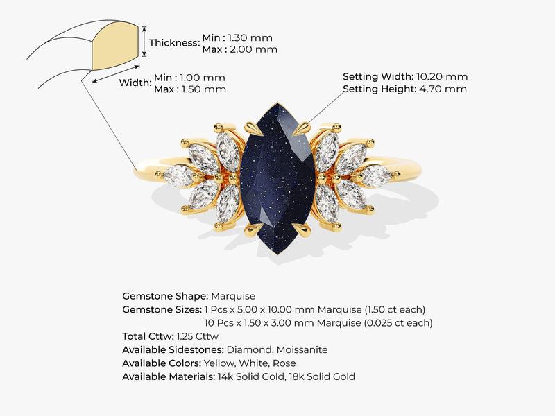 Marquise Blue Sandstone Vintage Engagement Ring with Moissanite Sidestones.