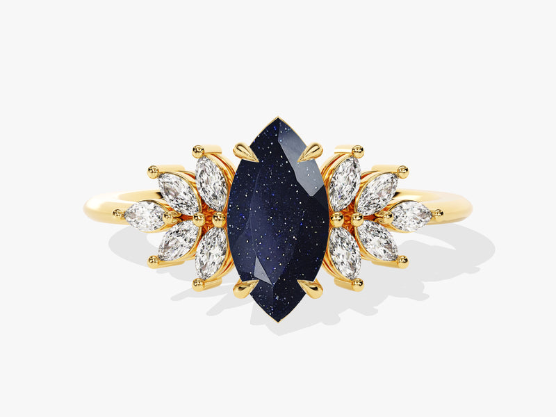 Marquise Blue Sandstone Vintage Engagement Ring with Moissanite Sidestones.