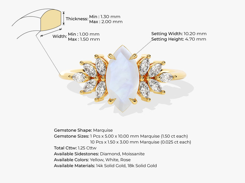 Marquise Moonstone Vintage Engagement Ring with Moissanite Sidestones