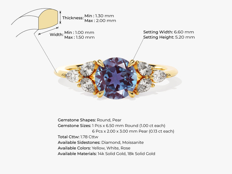 Round Lab Alexandrite Engagement Ring with Pear Moissanite Sidestones