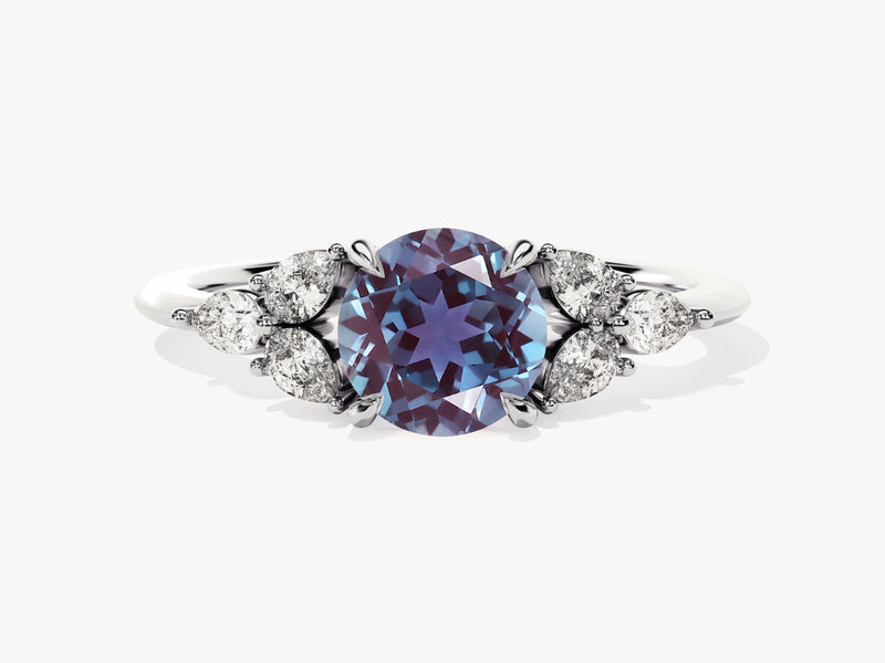 Round Lab Alexandrite Engagement Ring with Pear Moissanite Sidestones