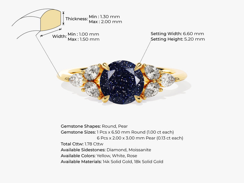 Round Blue Sandstone Engagement Ring with Pear Moissanite Sidestones.