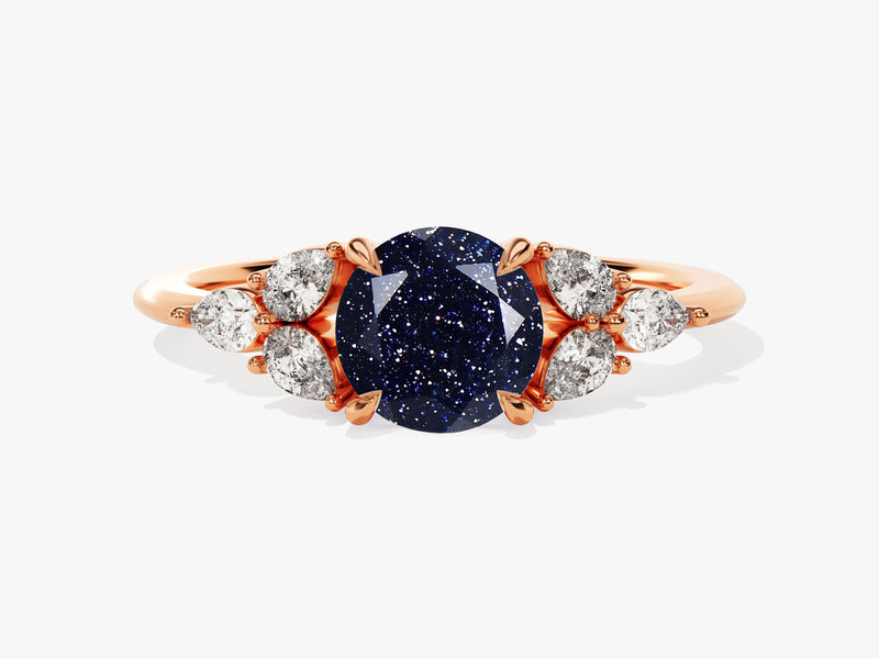 Round Blue Sandstone Engagement Ring with Pear Moissanite Sidestones.