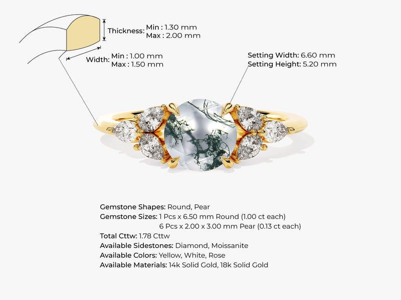 Round Moss Agate Engagement Ring with Pear Moissanite Sidestones