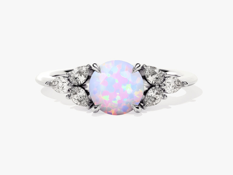 Round Opal Engagement Ring with Pear Moissanite Sidestones