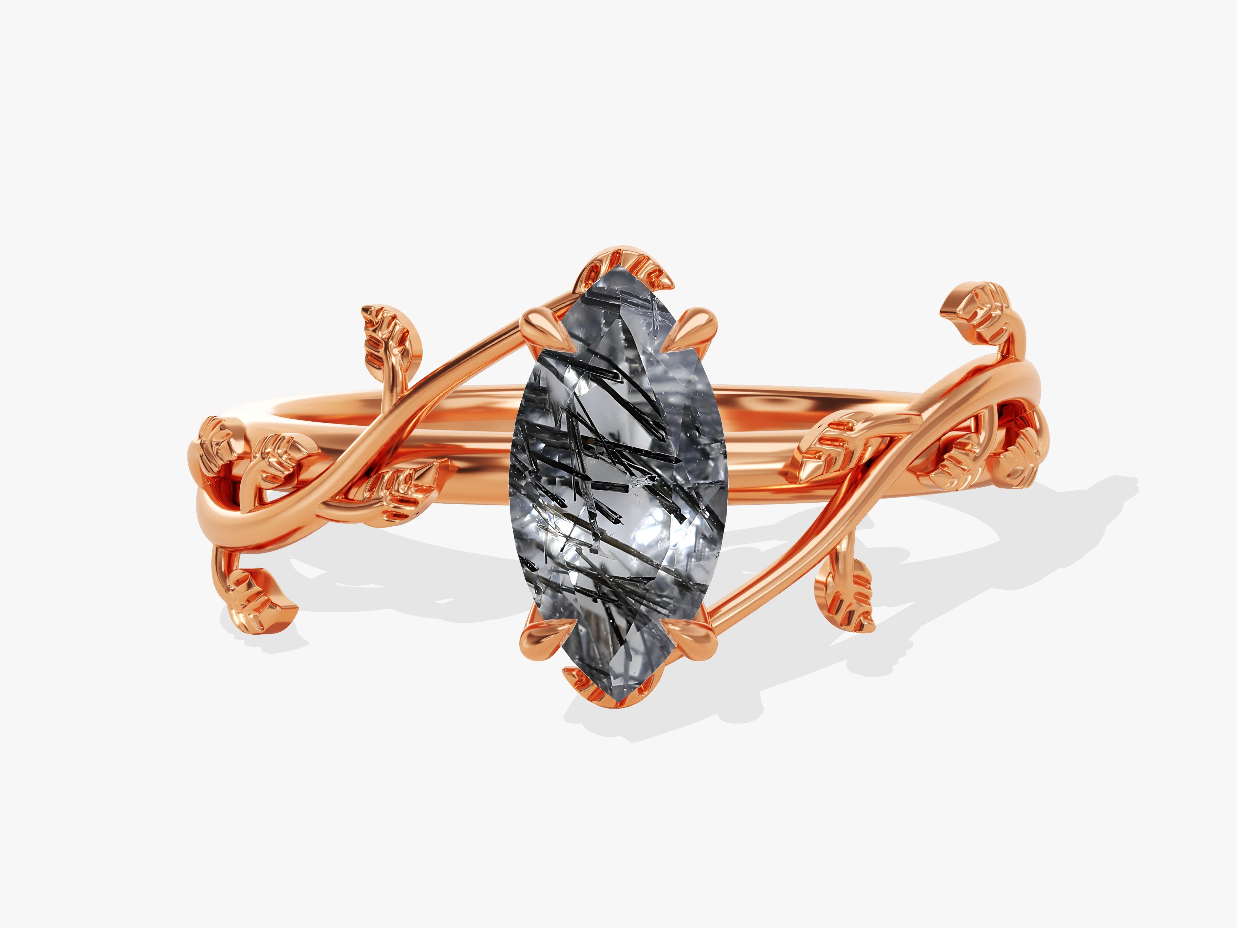 Marquise Black Rutilated Quartz Nature Inspired Engagement Ring.