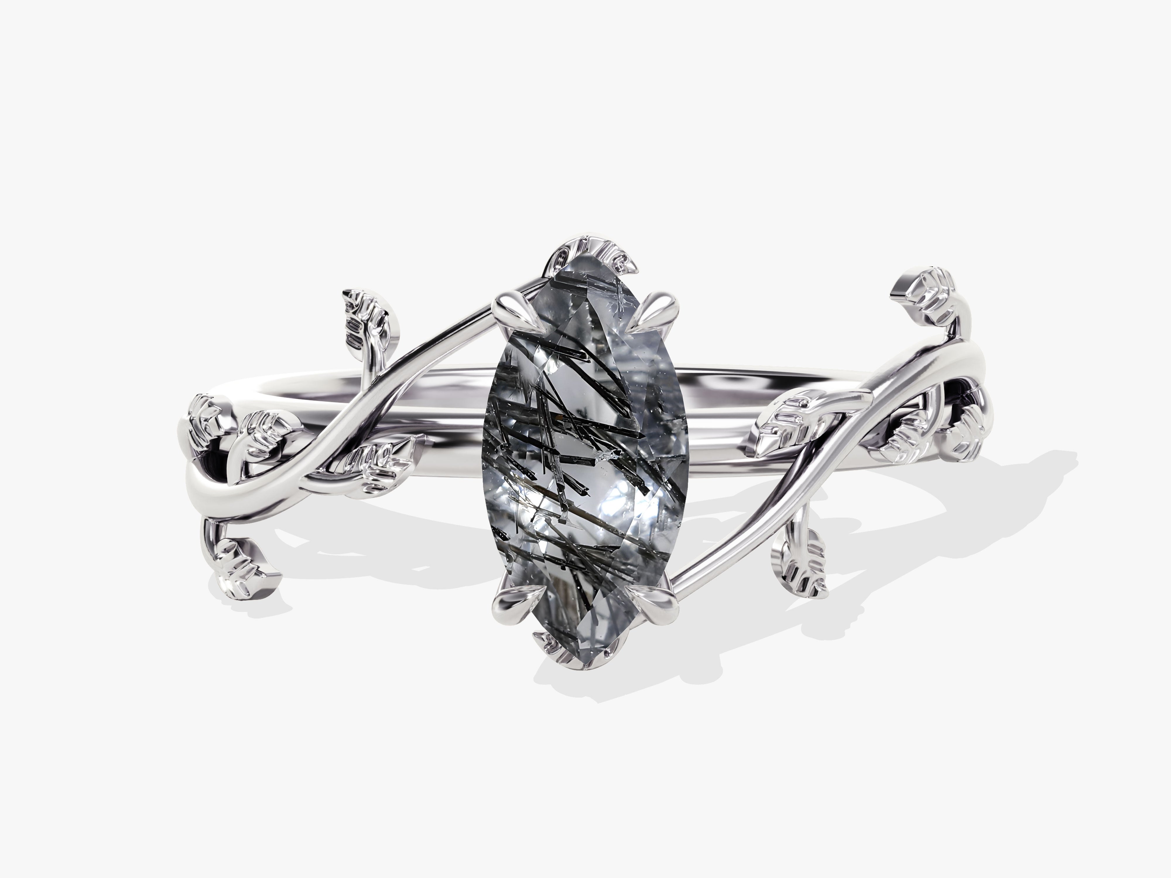 Marquise Black Rutilated Quartz Nature Inspired Engagement Ring.