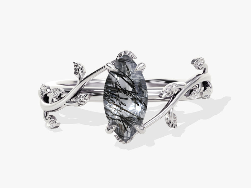 Marquise Black Rutilated Quartz Nature Inspired Engagement Ring.