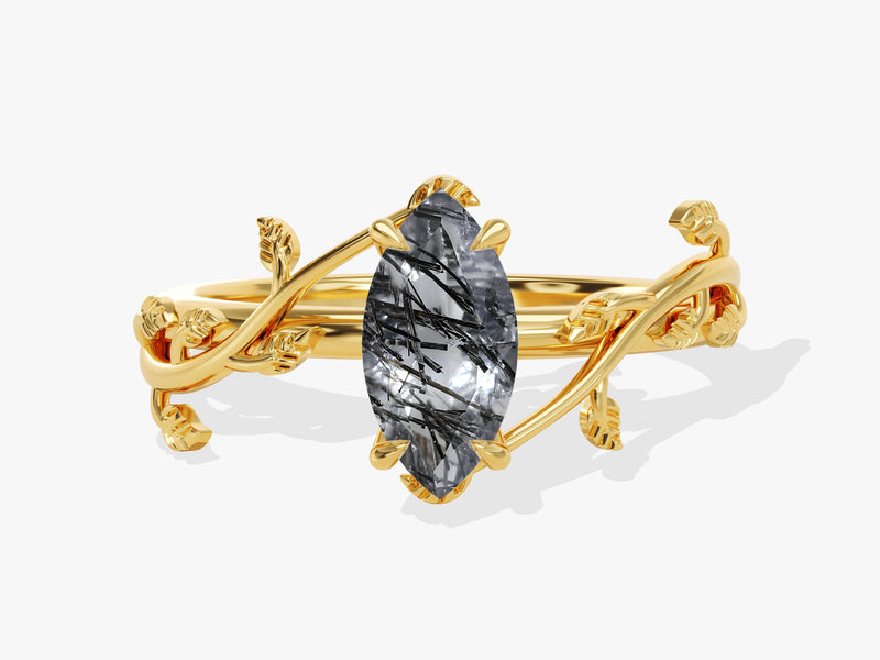 Marquise Black Rutilated Quartz Nature Inspired Engagement Ring.