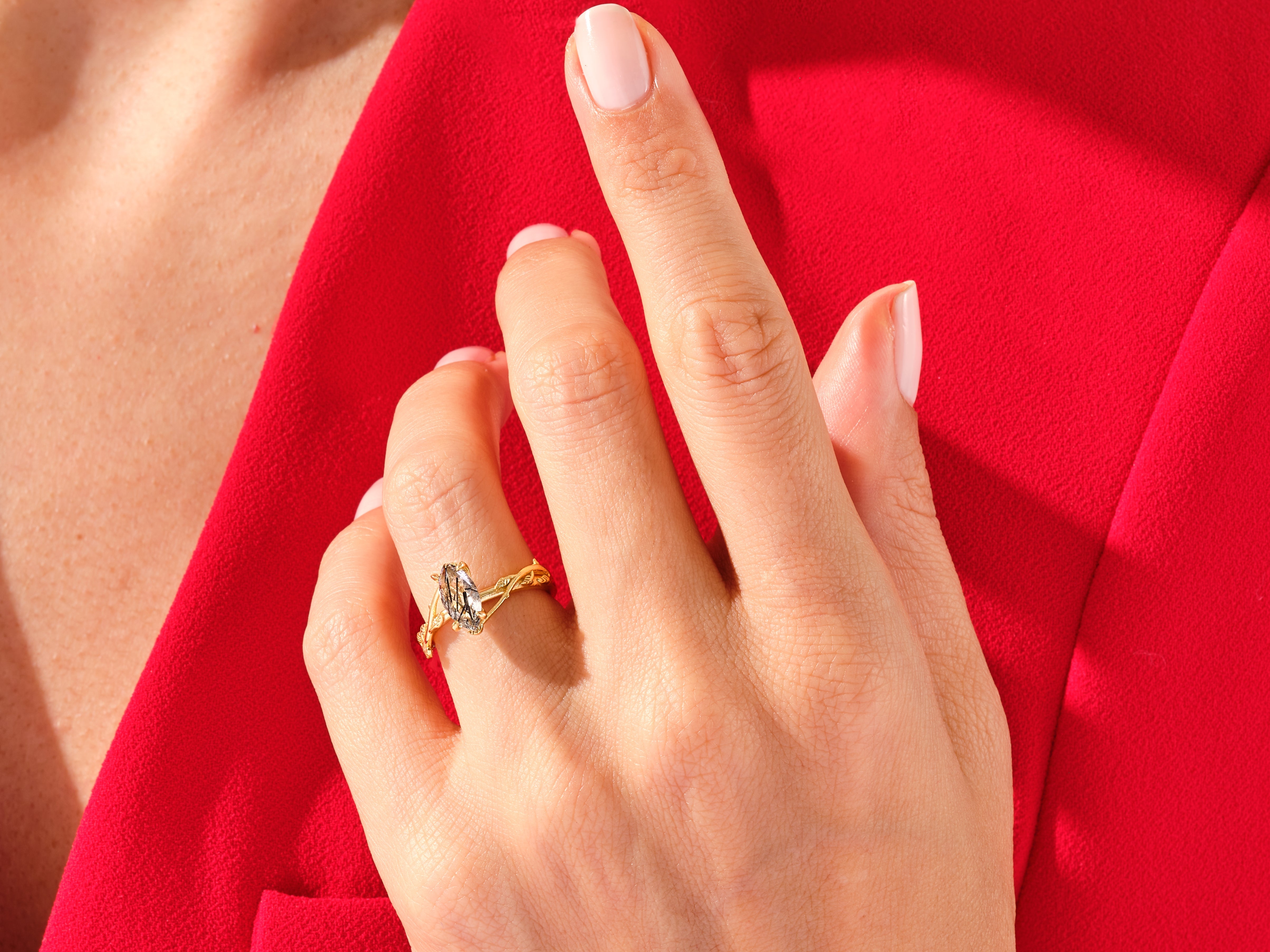 Marquise Black Rutilated Quartz Nature Inspired Engagement Ring.