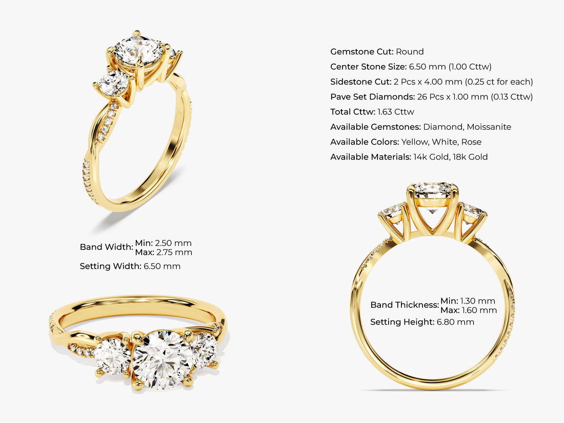 Petite Twisted Vine Three Stone Round Moissanite Engagement Ring (1.50 CT TW)