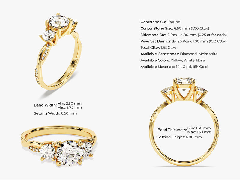 Petite Twisted Vine Three Stone Round Moissanite Engagement Ring (1.50 CT TW)
