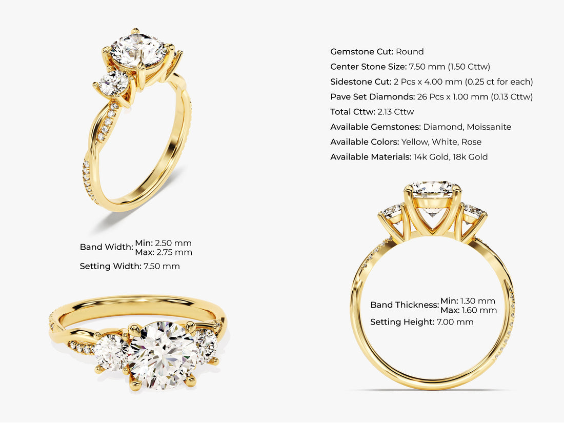 Petite Twisted Vine Three Stone Round Moissanite Engagement Ring (2.00 CT TW)