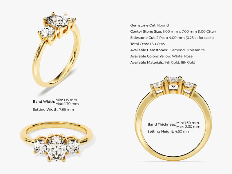 Classic Basket Set Three Stone Oval Moissanite Engagement Ring (1.50 CT TW)