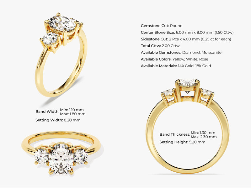 Classic Basket Set Three Stone Oval Moissanite Engagement Ring (2.00 CT TW)