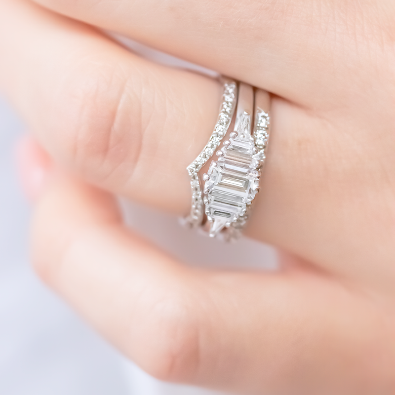 1.0ct Emerald & Baguette Seven Stone Moissanite Engagement Ring