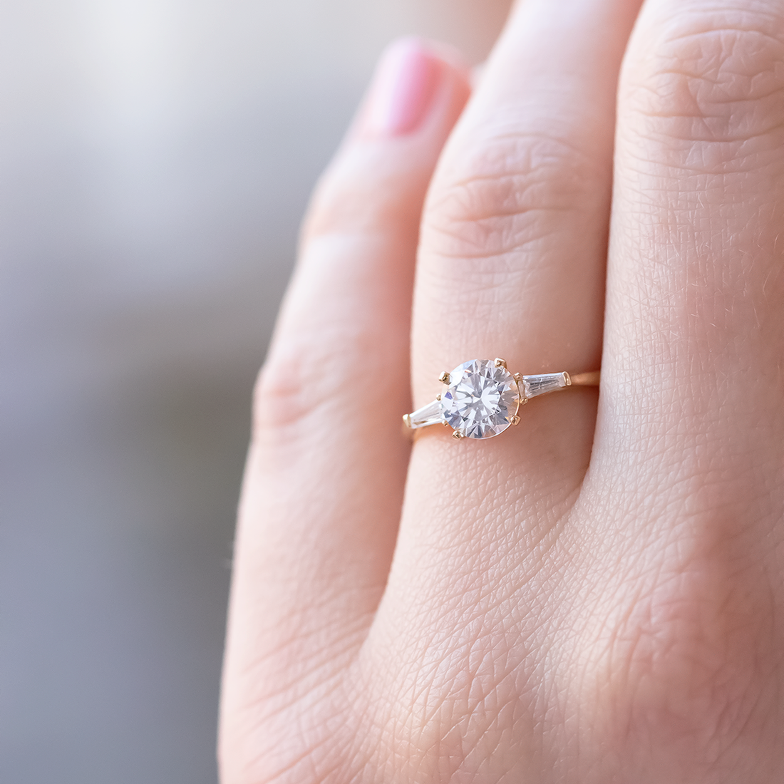 1.0CT Round & Baguette Three Stone Moissanite Engagement Ring