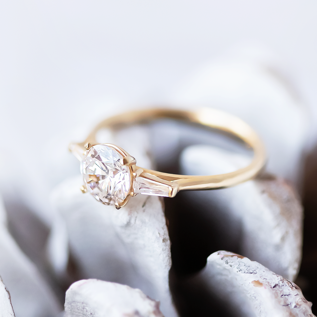 1.0CT Round & Baguette Three Stone Moissanite Engagement Ring