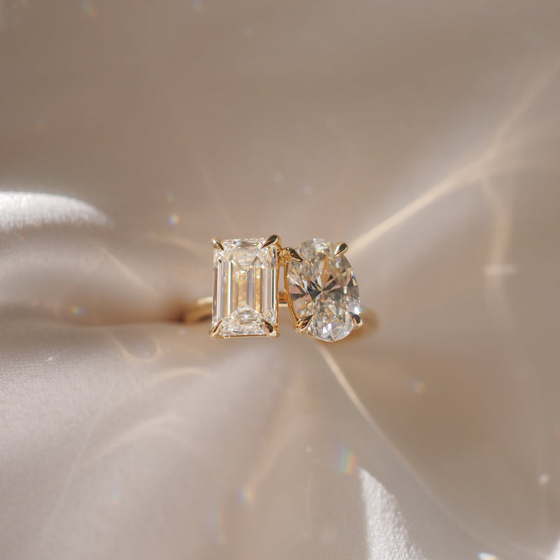 3.6 Carats Emerald & Oval Shaped CVD Diamond Two Stone Style Engagement Ring