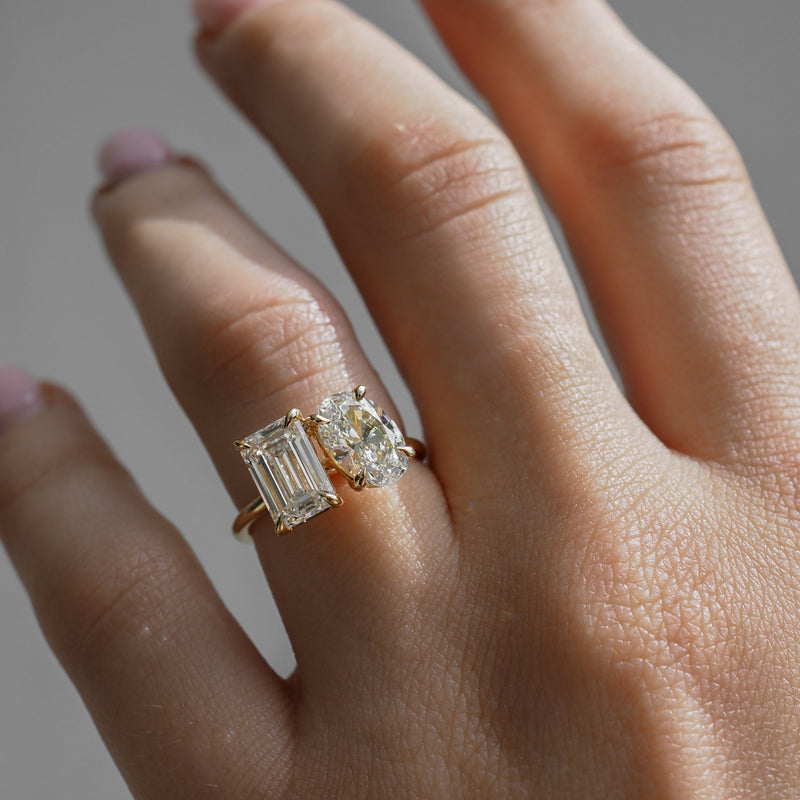 3.6 Carats Emerald & Oval Shaped CVD Diamond Two Stone Style Engagement Ring