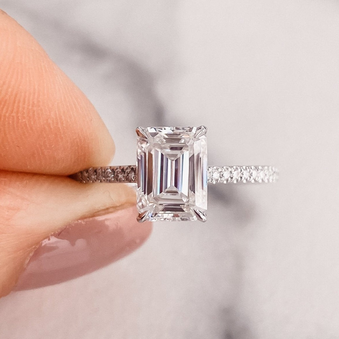 2.0 CT Emerald Cut Moissanite Hidden Halo Engagement Ring