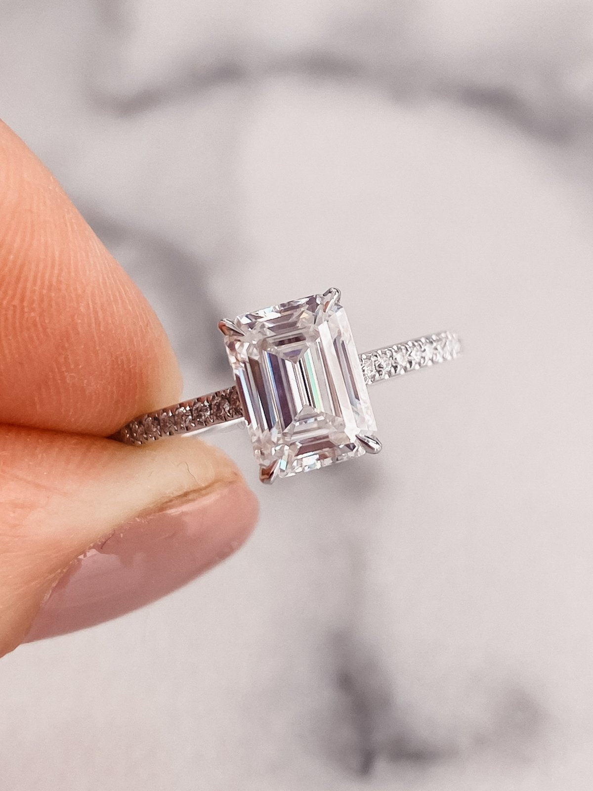 2.0 CT Emerald Cut Moissanite Hidden Halo Engagement Ring