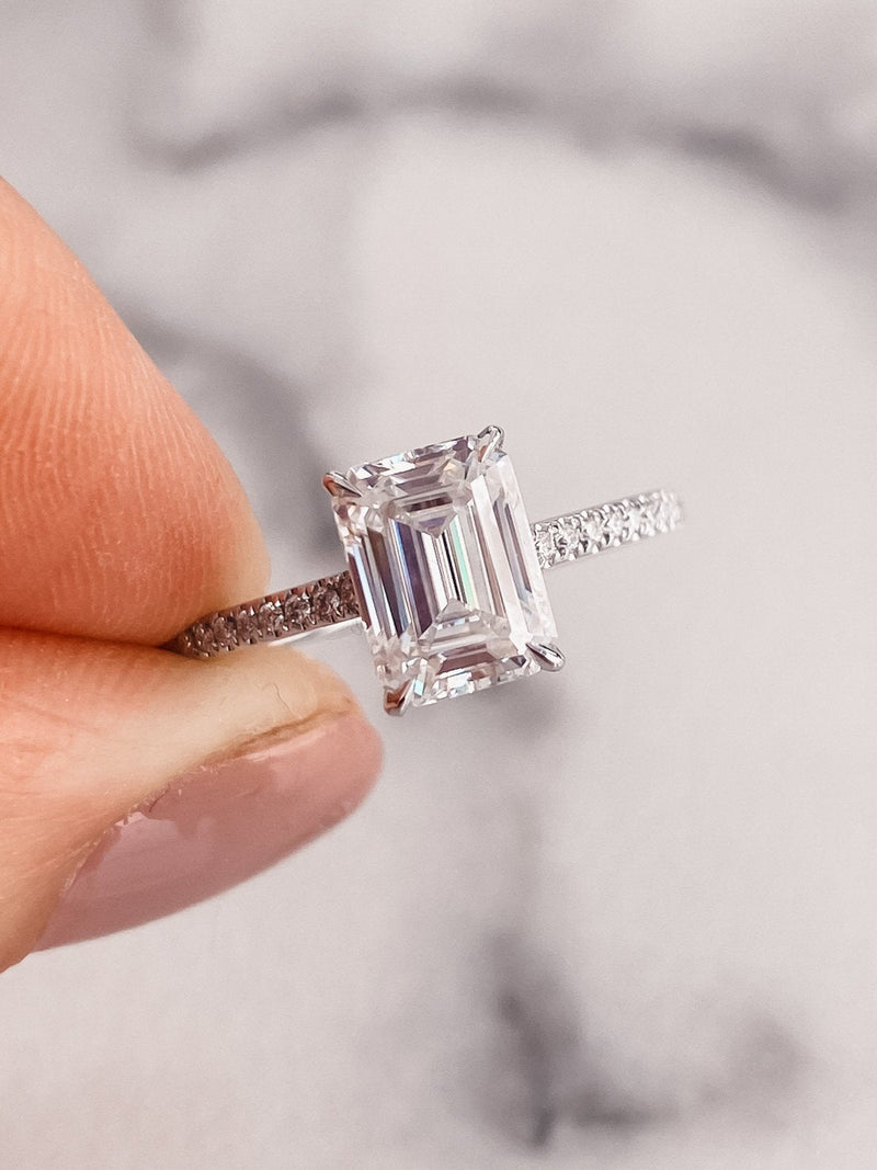 2.0 CT Emerald Cut Moissanite Hidden Halo Engagement Ring