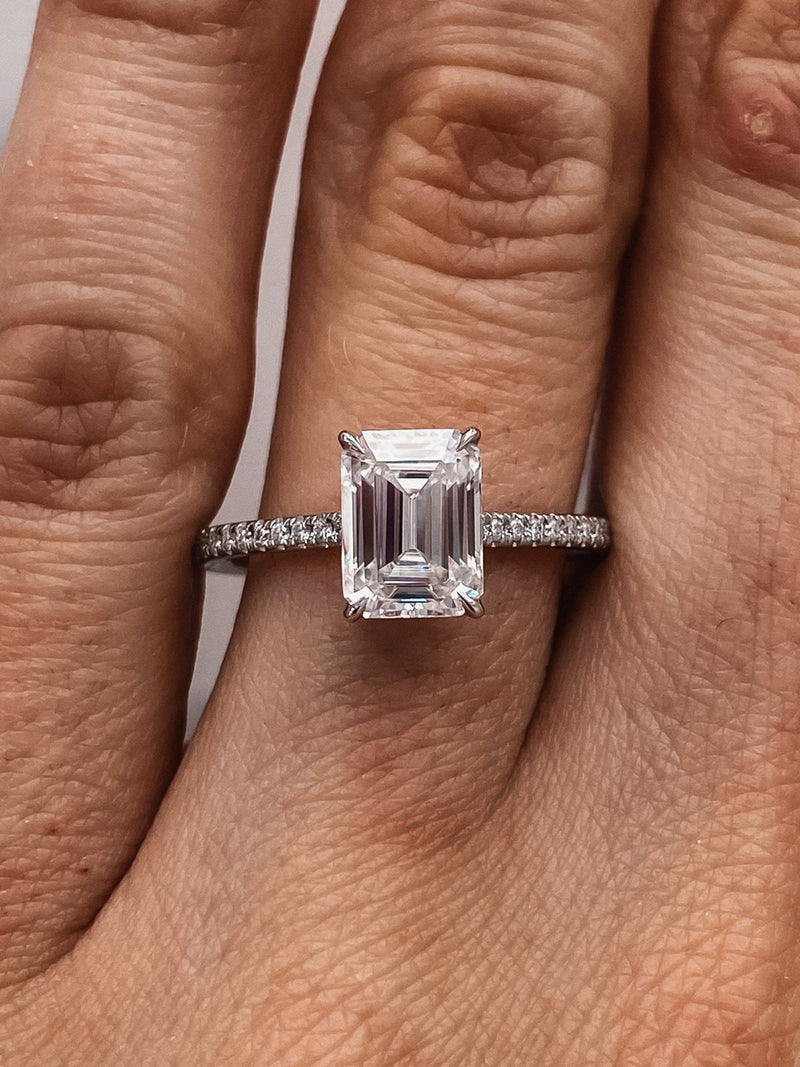 2.0 CT Emerald Cut Moissanite Hidden Halo Engagement Ring