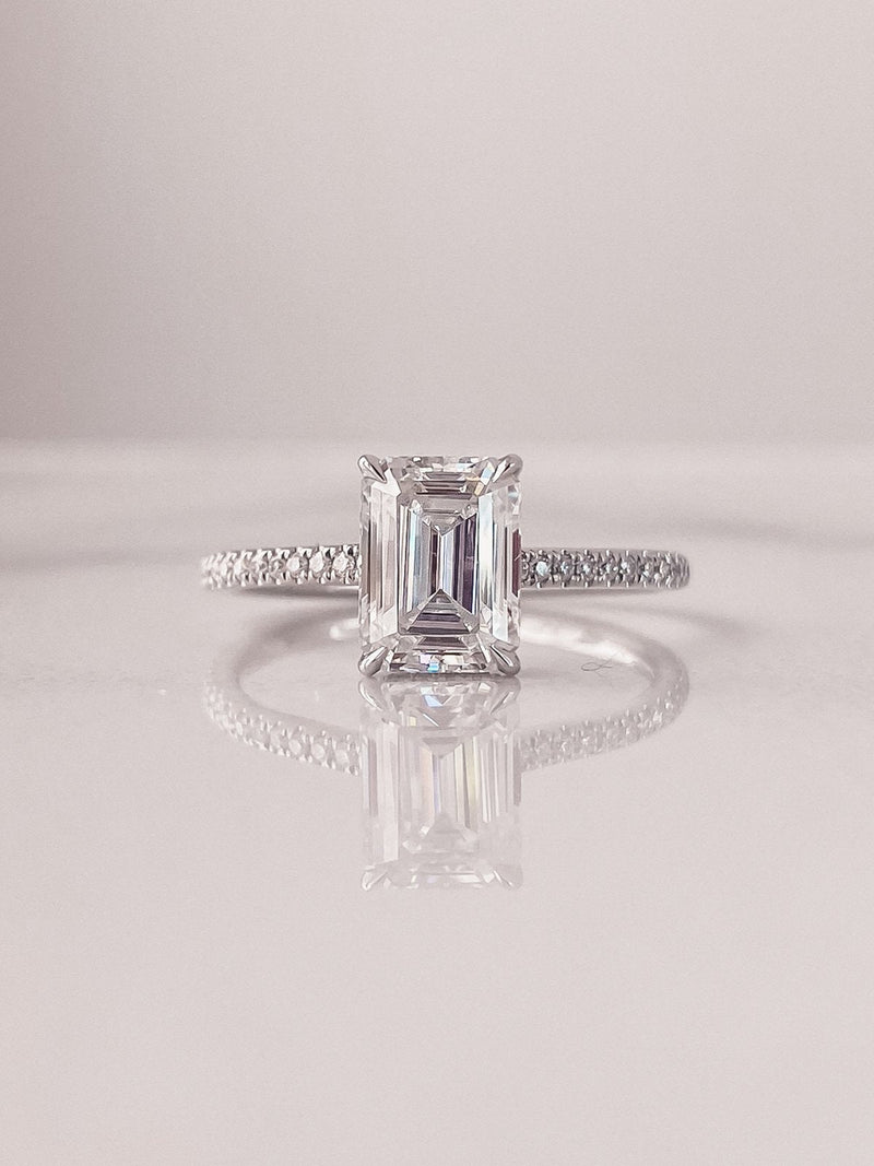 2.0 CT Emerald Cut Moissanite Hidden Halo Engagement Ring
