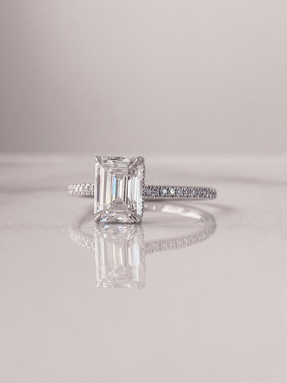 2.0 CT Emerald Cut Moissanite Hidden Halo Engagement Ring