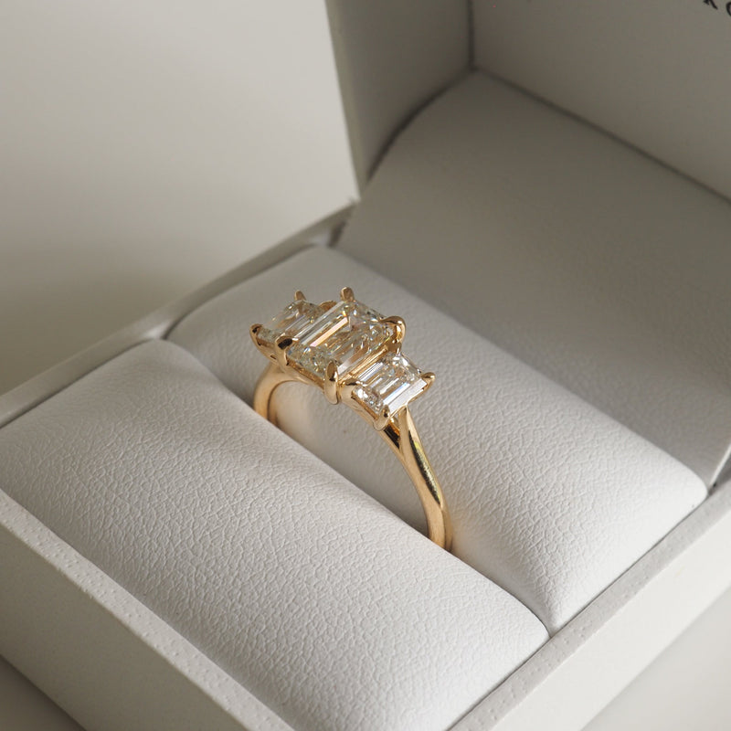 2.05 Carats  Emerald Shaped CVD Diamond Three Stone Style Engagement Ring