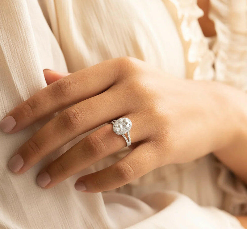 2.29CT Oval Moissanite Halo Split Shank Style Engagement Ring