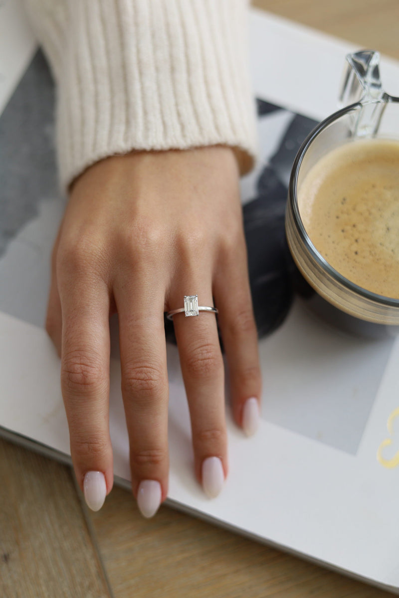 1.30CT Emerald Cut Moissanite Hidden Halo Diamond Engagement Ring