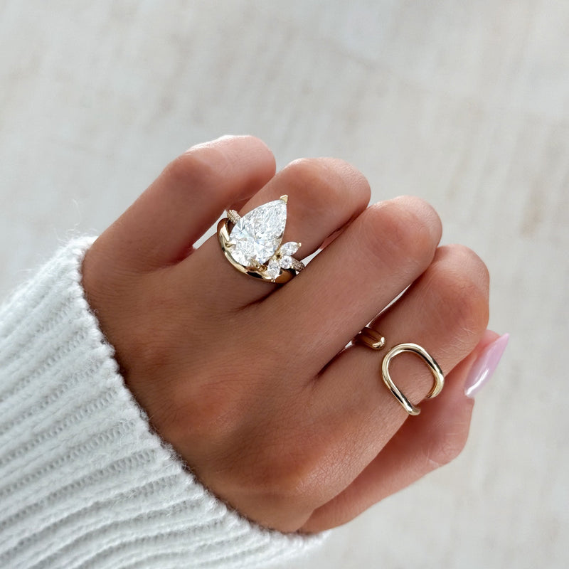 Lotus Triple Row Pavé Engagement Ring With Pear Cut Diamond