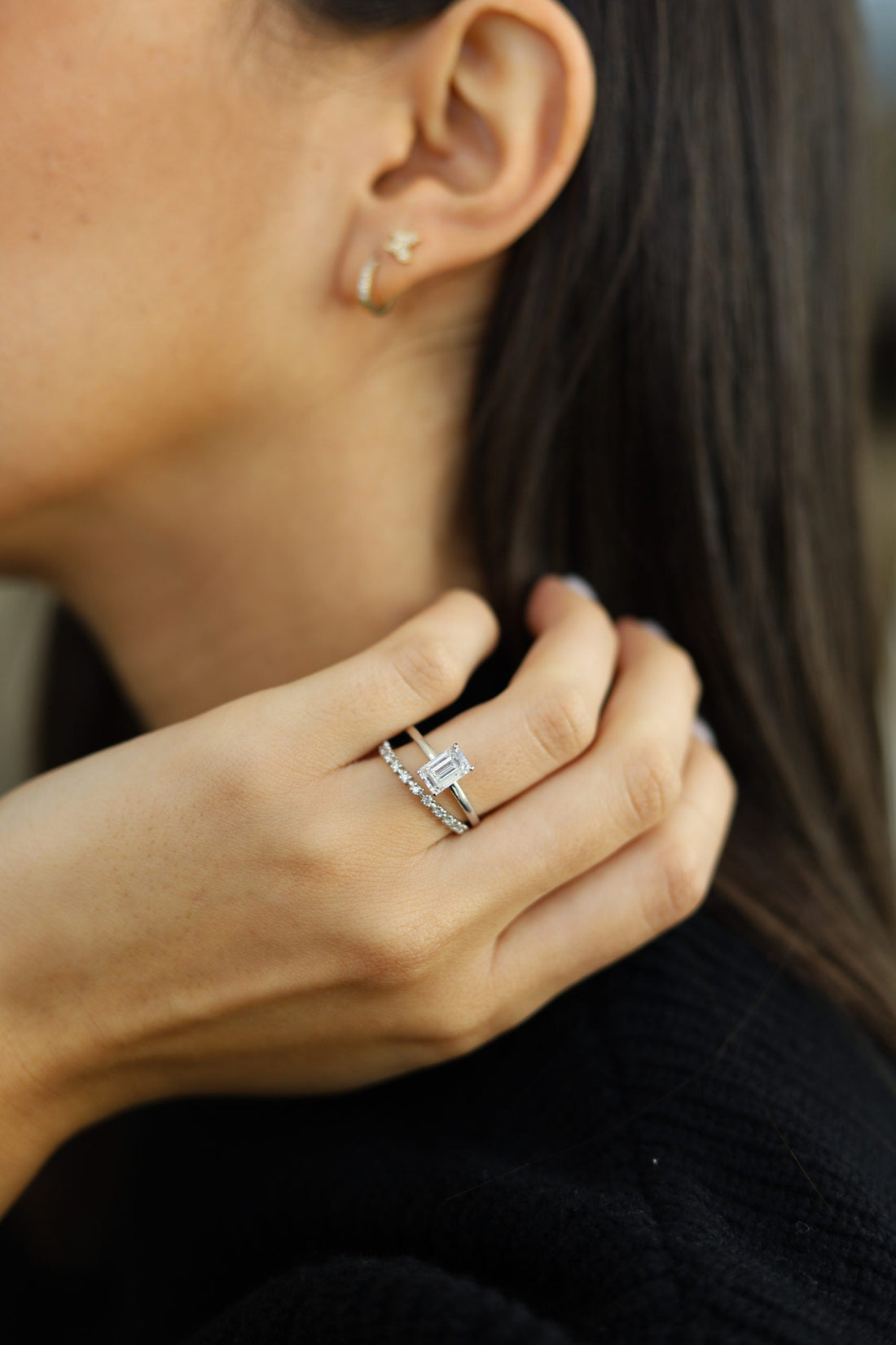 1.30CT Emerald Cut Moissanite Hidden Halo Diamond Engagement Ring