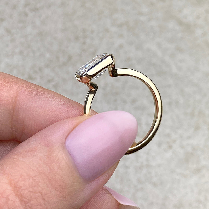 2CT East West Emerald Cut Moissanite Half Bezel Solitaire Engagement Ring