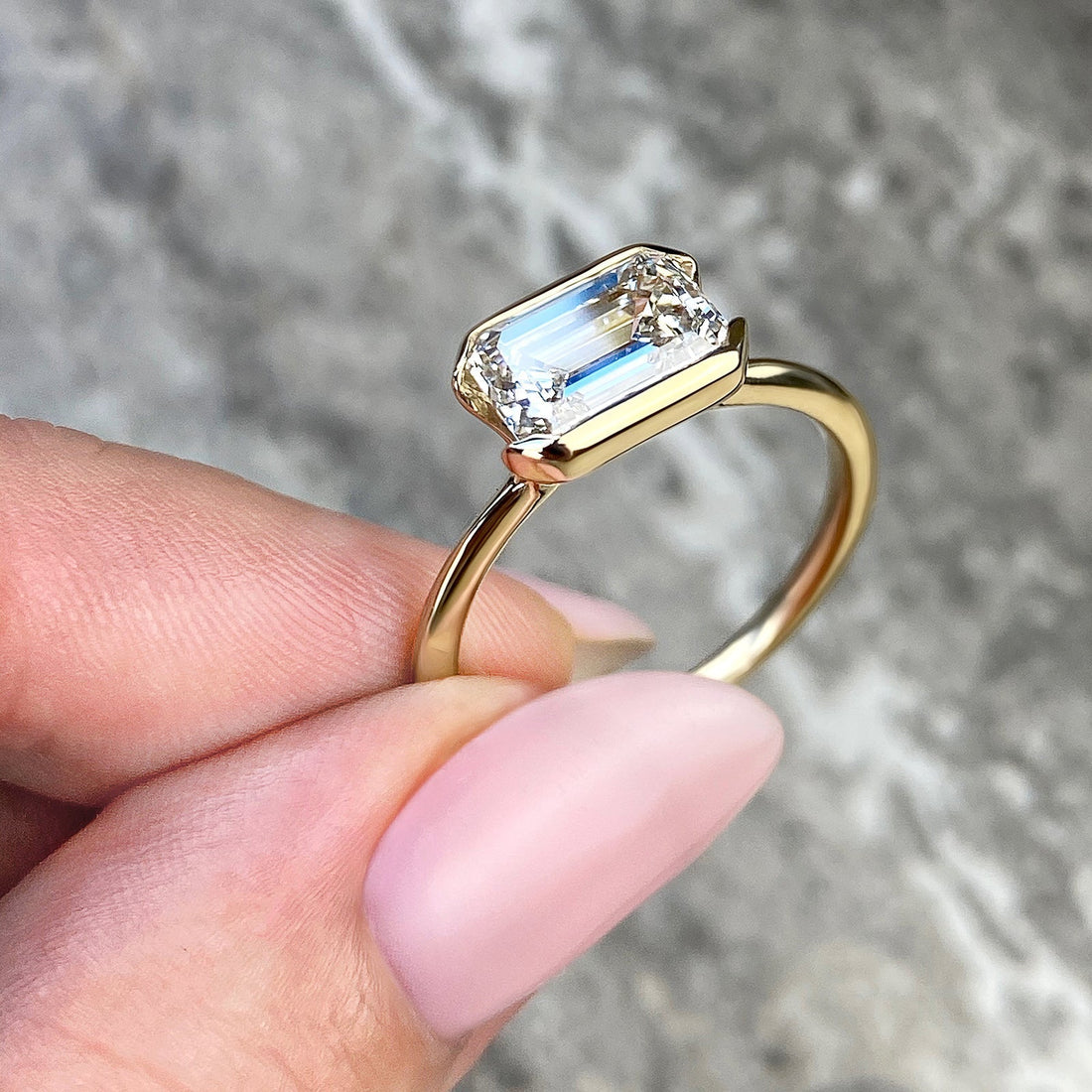 2CT East West Emerald Cut Moissanite Half Bezel Solitaire Engagement Ring
